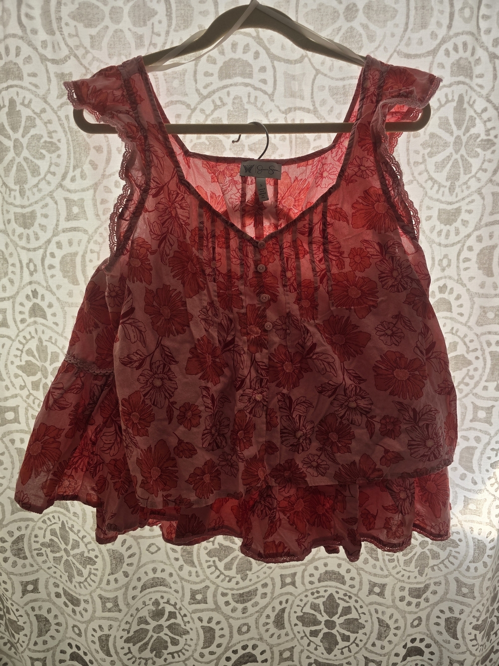 Floral Red Sleeveless Lace-Trim Women’s Top & Matching Skirt.
